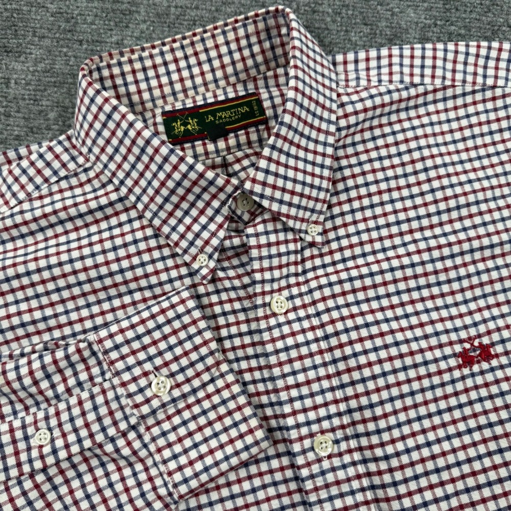 La Martina Button Down Shirt XL Red Blue Check Long Sleeve Flaw Men's